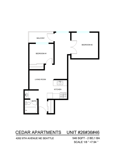 Floor plan for 2 beds, 1 bath, 513 sqft